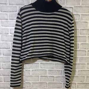 Garage Black and Gray Striped crop Top, long sleeve turtleneck size large